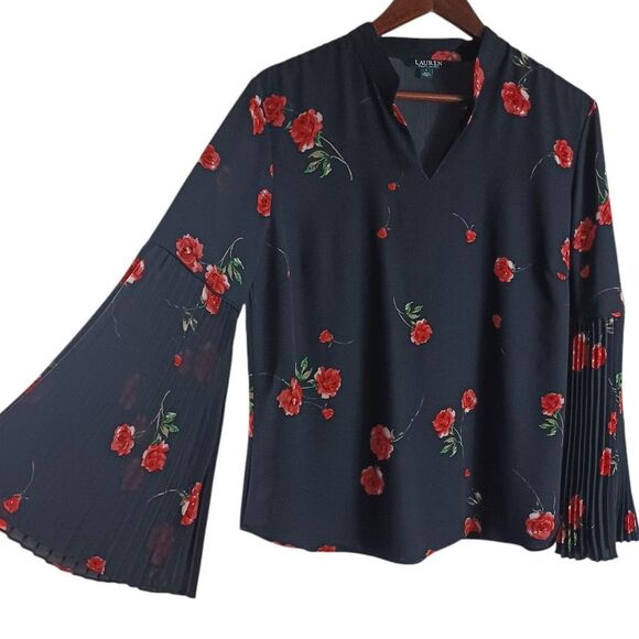 Lauren Ralph Lauren Black Sz L Romantic Cottagecore Boho Floral Bell Sleeve Top - Picture 2 of 10